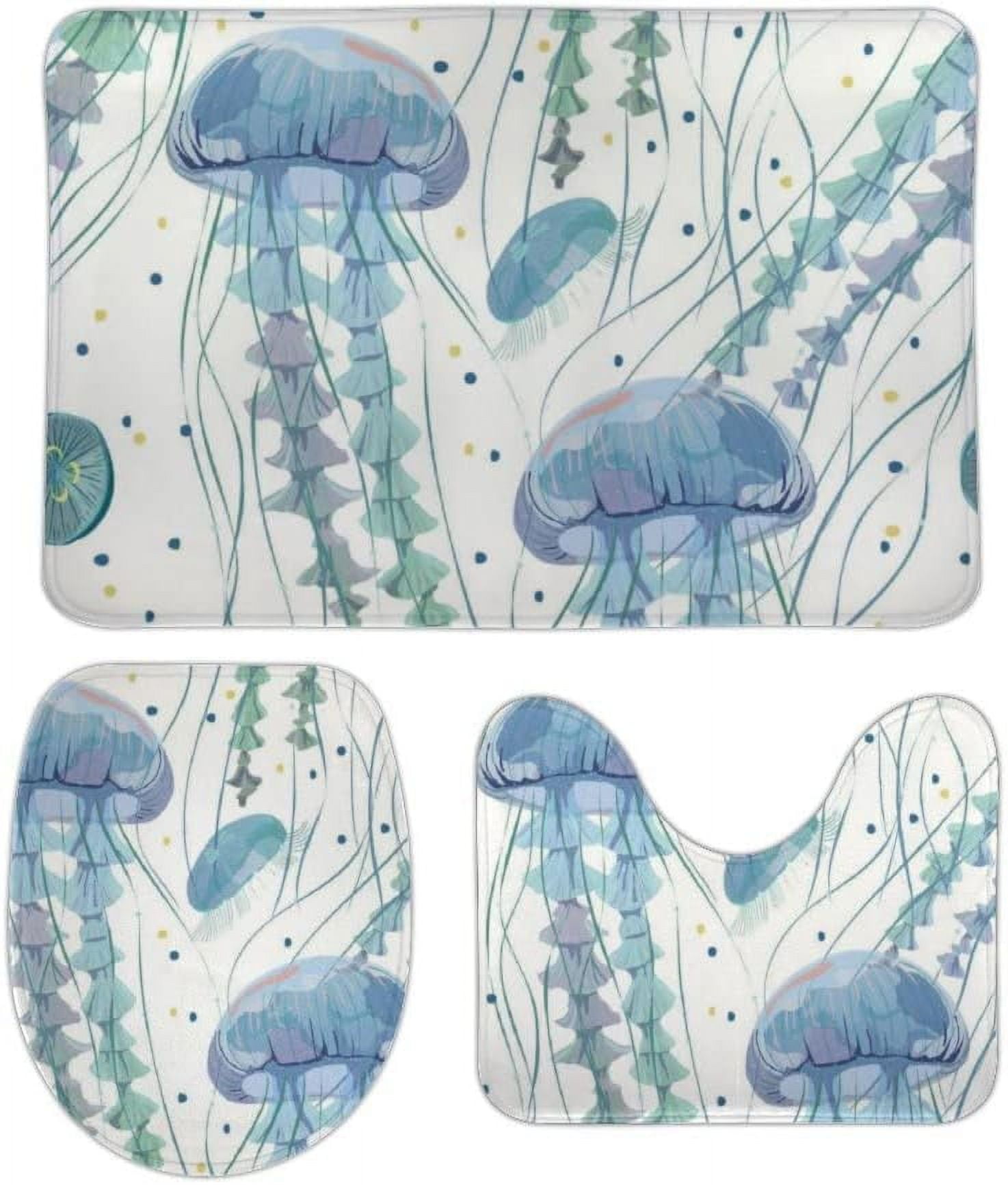 Wellsay NonSlip 3 Piece Bathroom Rug Set Transparent Jellyfish Soft