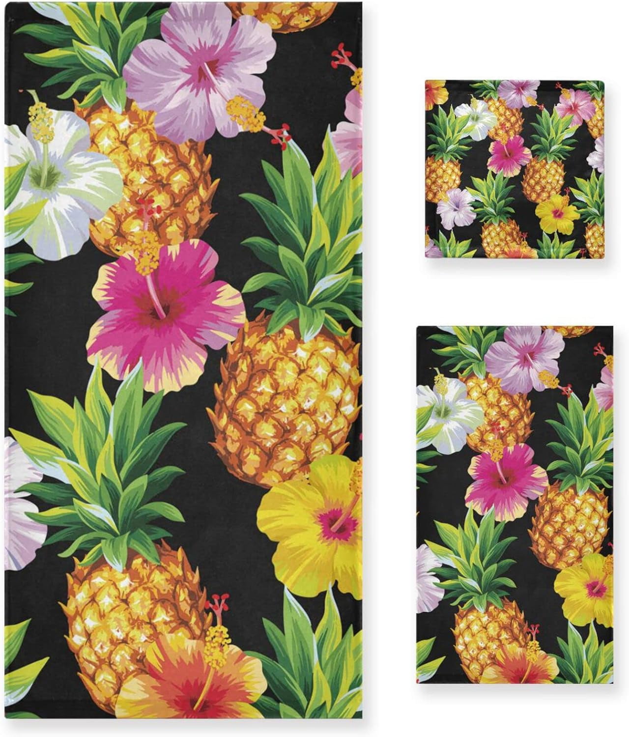 Wellsay Pineapple Bath Towel Set of 3, Absorbent Soft Bathroom Towel with Hand Towel & Washcloth