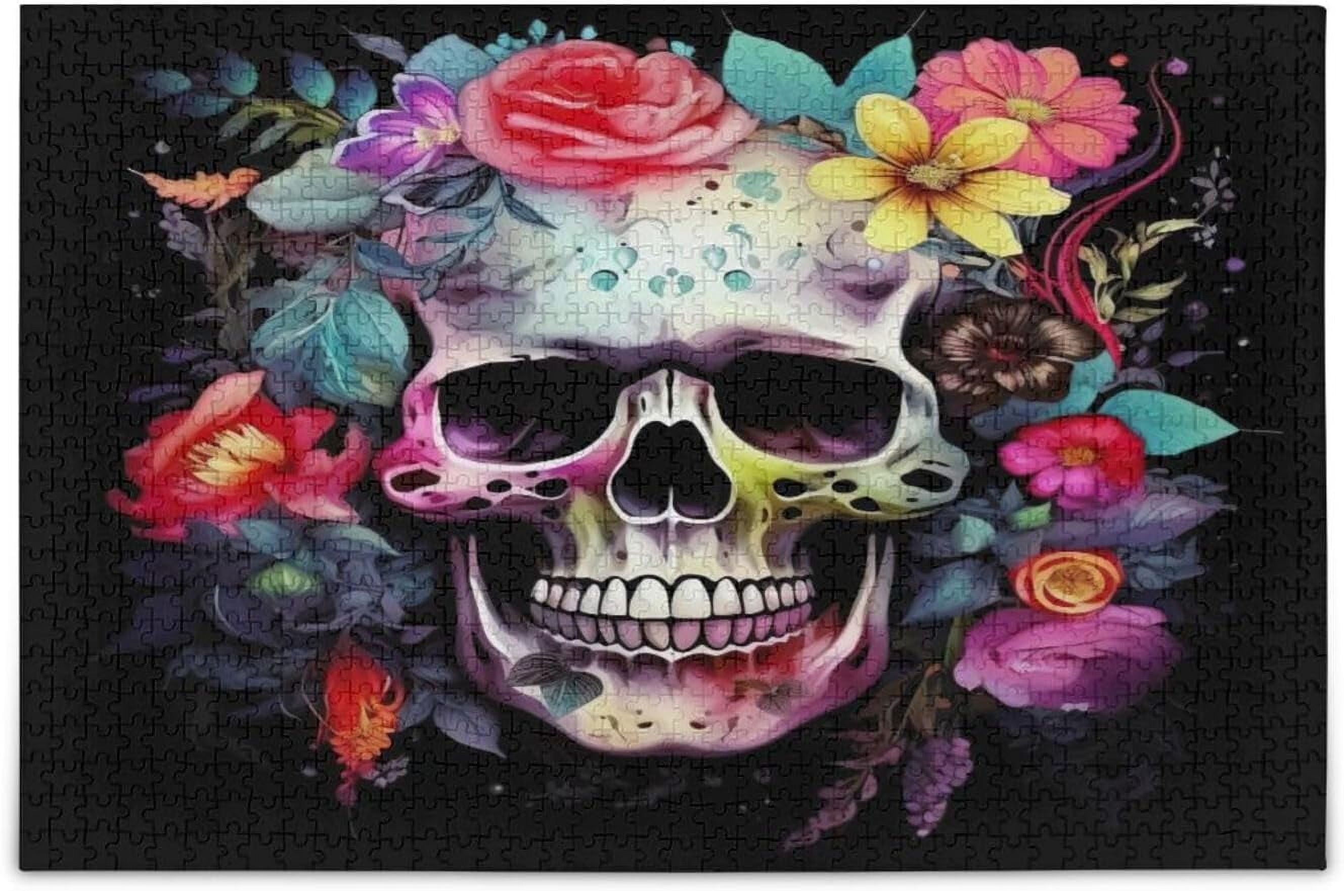 Day Of The Dead Skull 1000 Piece Jigsaw Puzzle For Adults - Colorful Skeleton & Flower Art - View #3