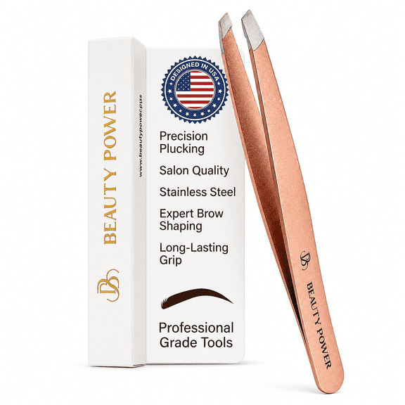Beauty Power Precision Slant Tip Eyebrow Tweezers - Stainless Steel - with Storage Tube (Rose Gold)