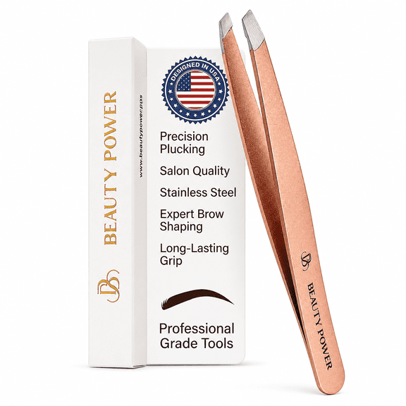 Beauty Power Precision Slant Tip Eyebrow Tweezers - Stainless Steel - with Storage Tube (Rose Gold)