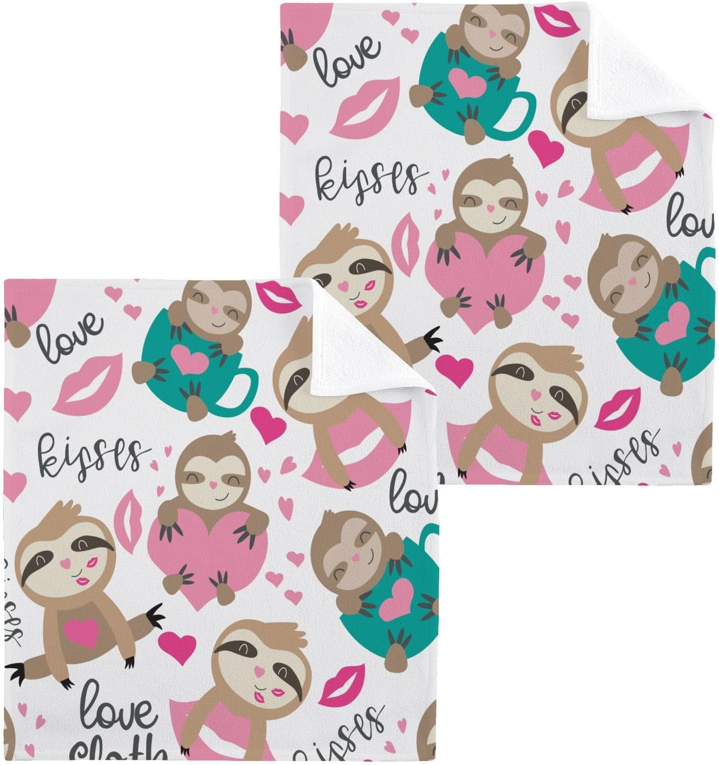 Wellsay Valentine's Day Sloths Cotton Washcloths Set of 6, 12"x12" Soft
