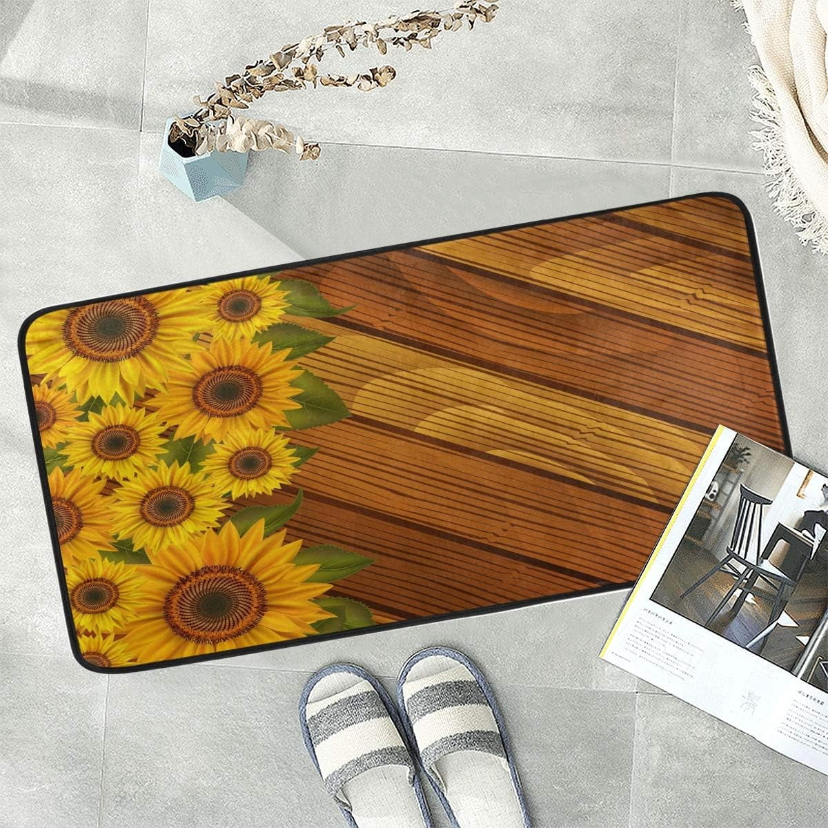 Wellsay Vintage Flower Anti Fatigue Kitchen Floor Mat, Wooden Sunflower