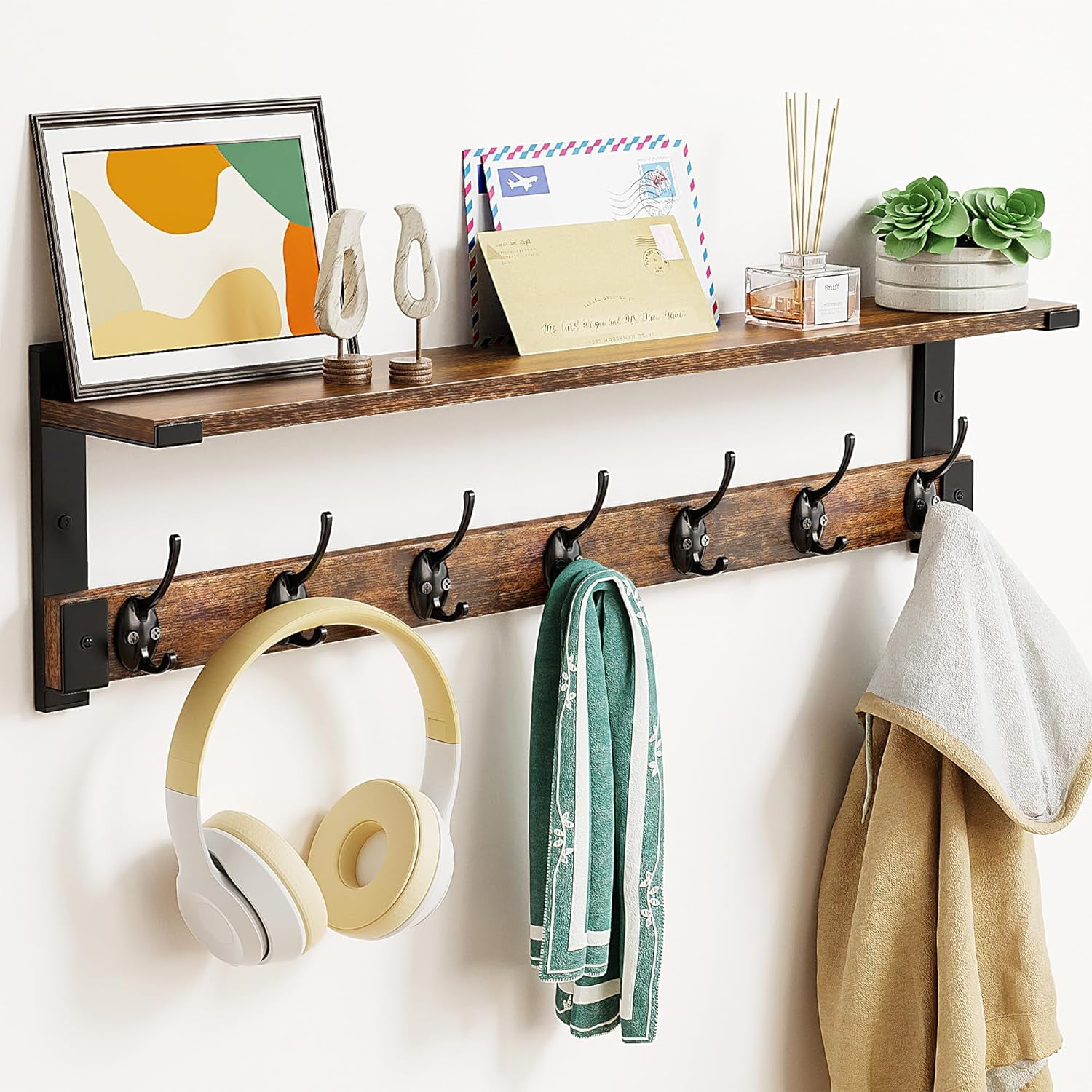 Wellsay Wall Hooks with Shelf, Coat Rack Wall Mount for Coat Backpack ...