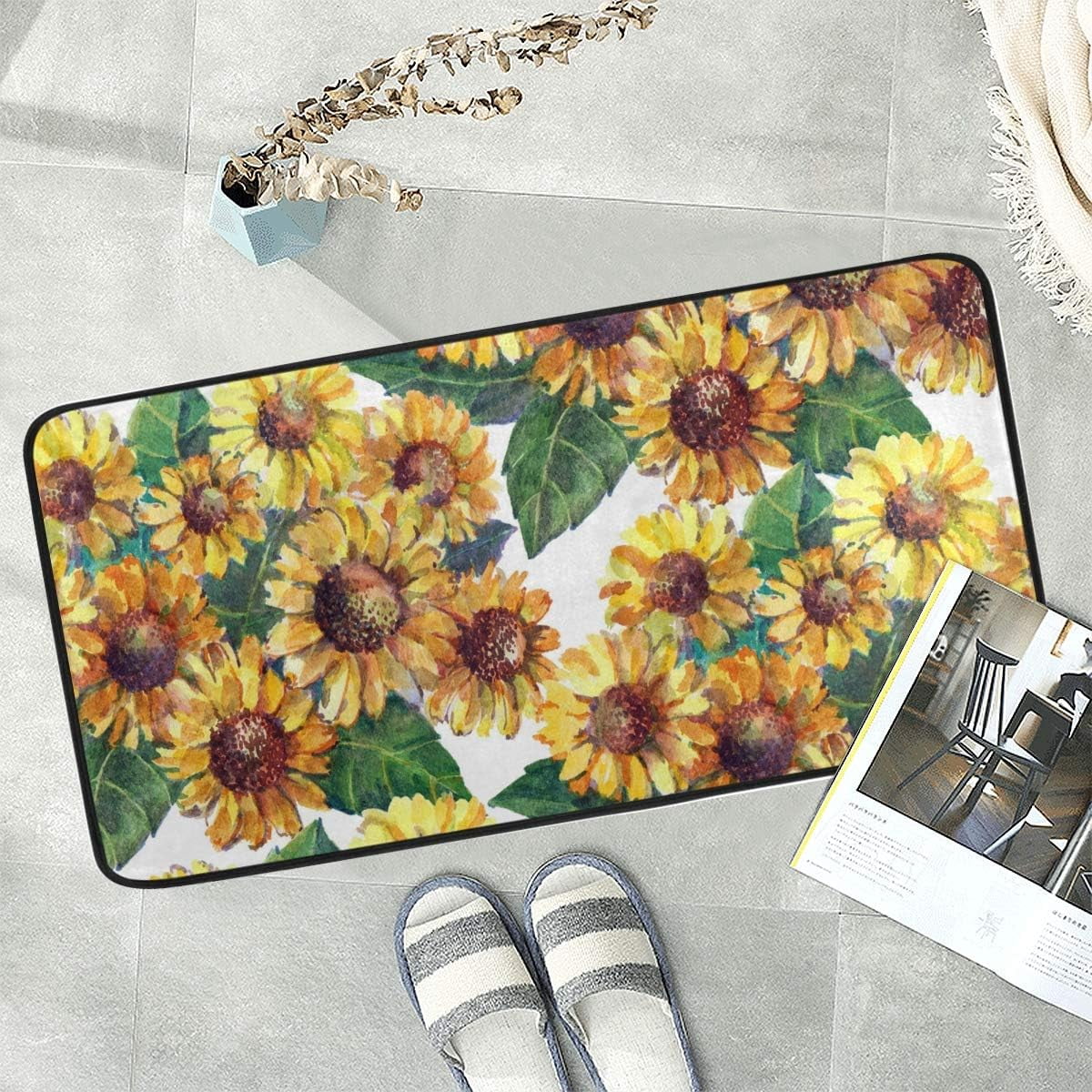 Wellsay Watercolor Flower Anti Fatigue Kitchen Floor Mat, Sunflower Non