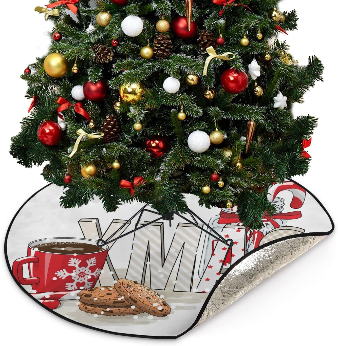 Wellsay Xmas Candy Canes Christmas Tree Mats Waterproof Tree Skirt,Cup Coffee Cake Xmas Tree