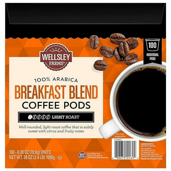 Wellsley Farms 100% Arabica Breakfast Blend Coffee Pods Light roast, 100 ct.
