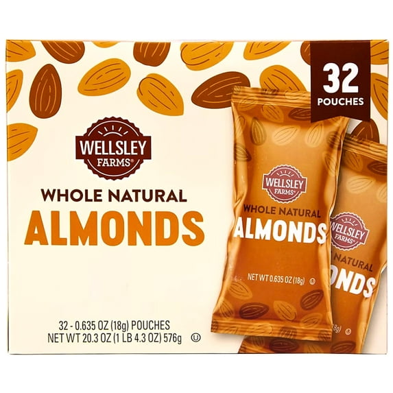 Wellsley Farms 100 SCH4 Calorie Almond Snack Packs, Gluten-Free, Kosher, Non-GMO, 32-Count Convenient Single-Serve Packs. NO Salt.