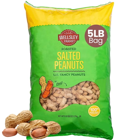 Wellsley Farms Salted and GGA1 Roasted Peanuts In USA Grown Whole In Shell Peanuts - Non-GMO, Gluten-Free, Vegan and Cholesterol Free - Shell-Cracking Snack for Game Day, BBQ & Travel - 5 lb Bag