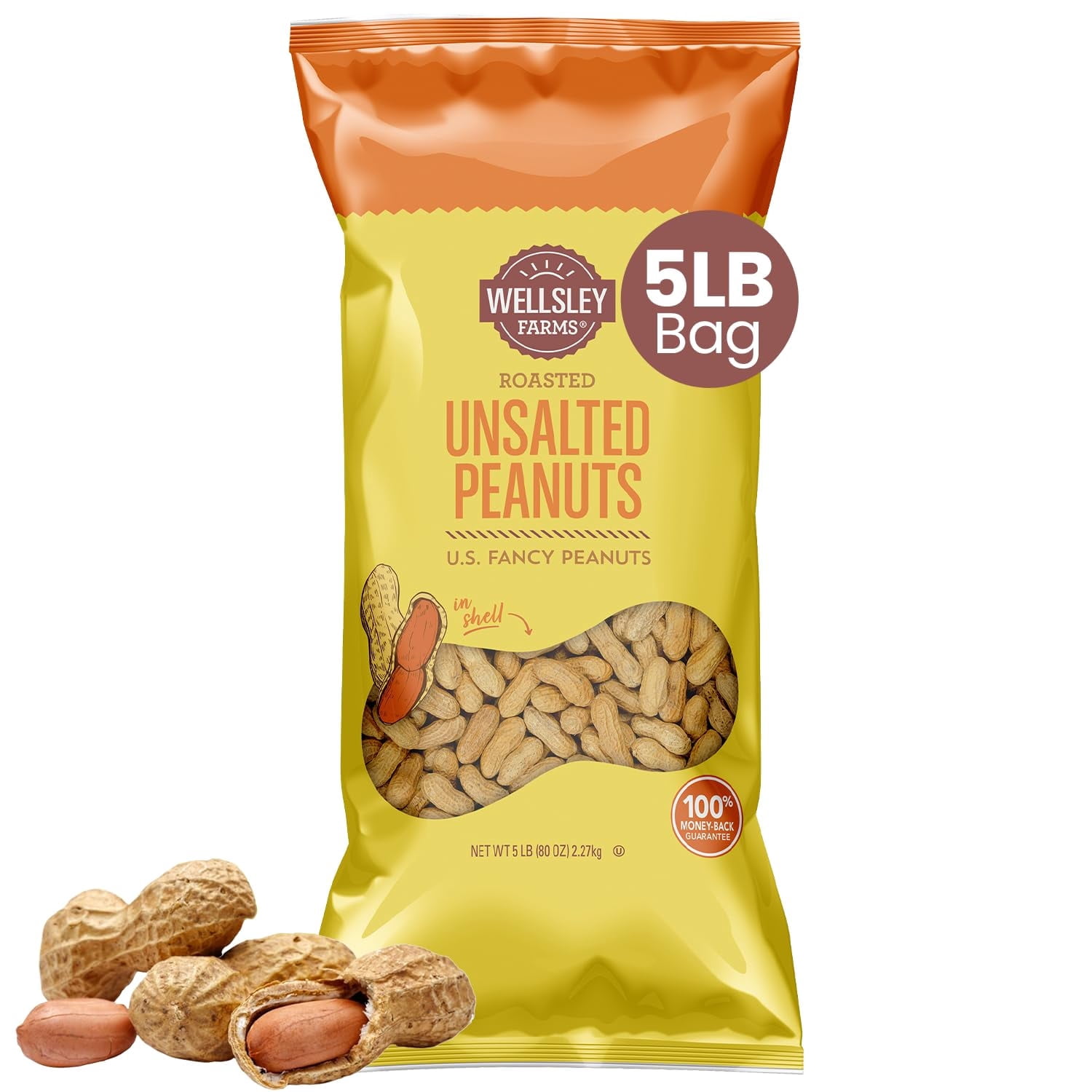 Wellsley Farms Unsalted and DEF29 Roasted In-Shell Peanuts - Whole Peanuts with Shell - Non-GMO, Low Sodium and Cholesterol Free - Shell-Cracking Snack for Game Day, BBQ and Travel - 5 lb Bag