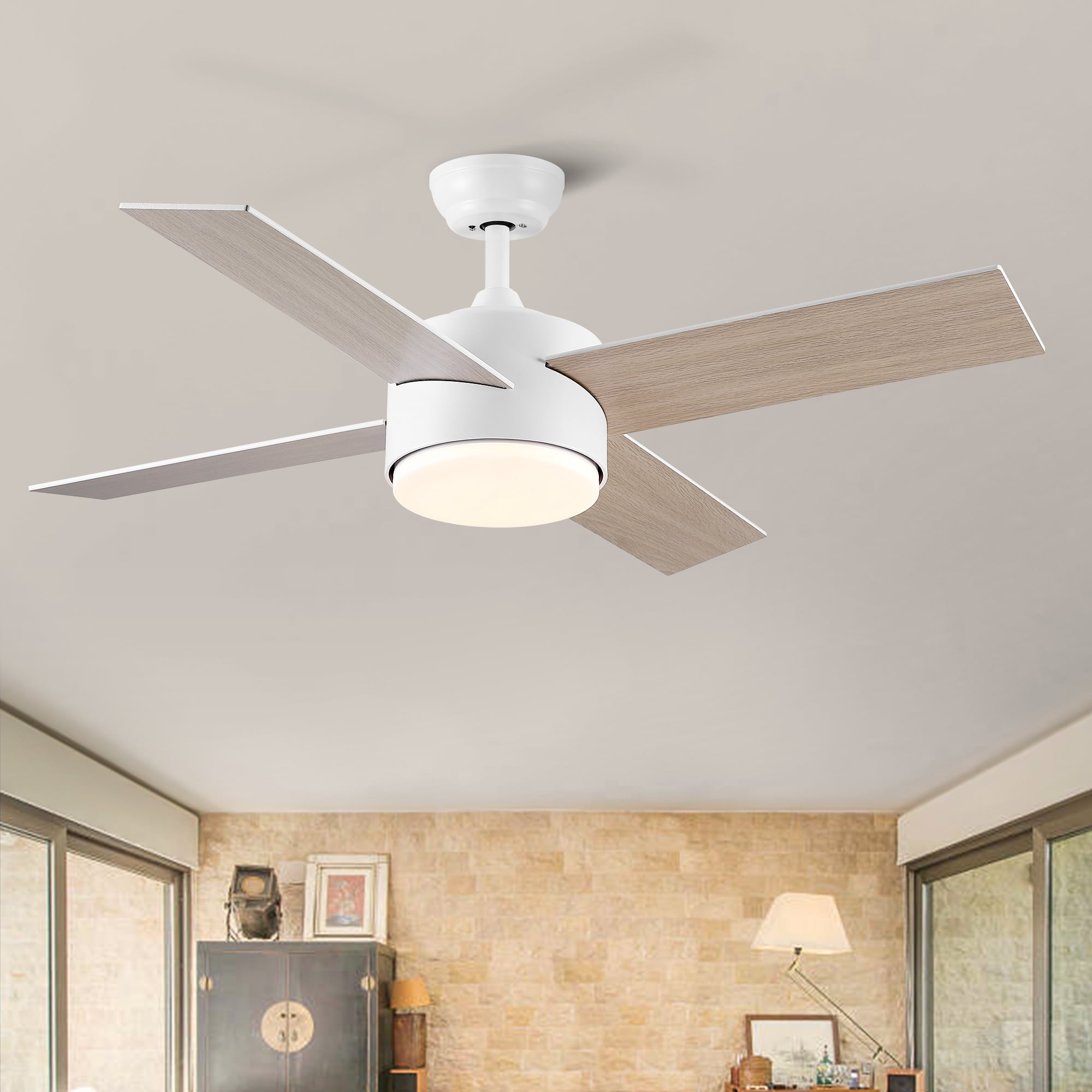 Wellspeed 44 in. Ceiling Fans with Light and Remote, LED White Ceiling Fan with Quiet DC Motor, Dimmable 3 Speeds Reversible Modern Ceiling Fan for Bedroom, Living Room
