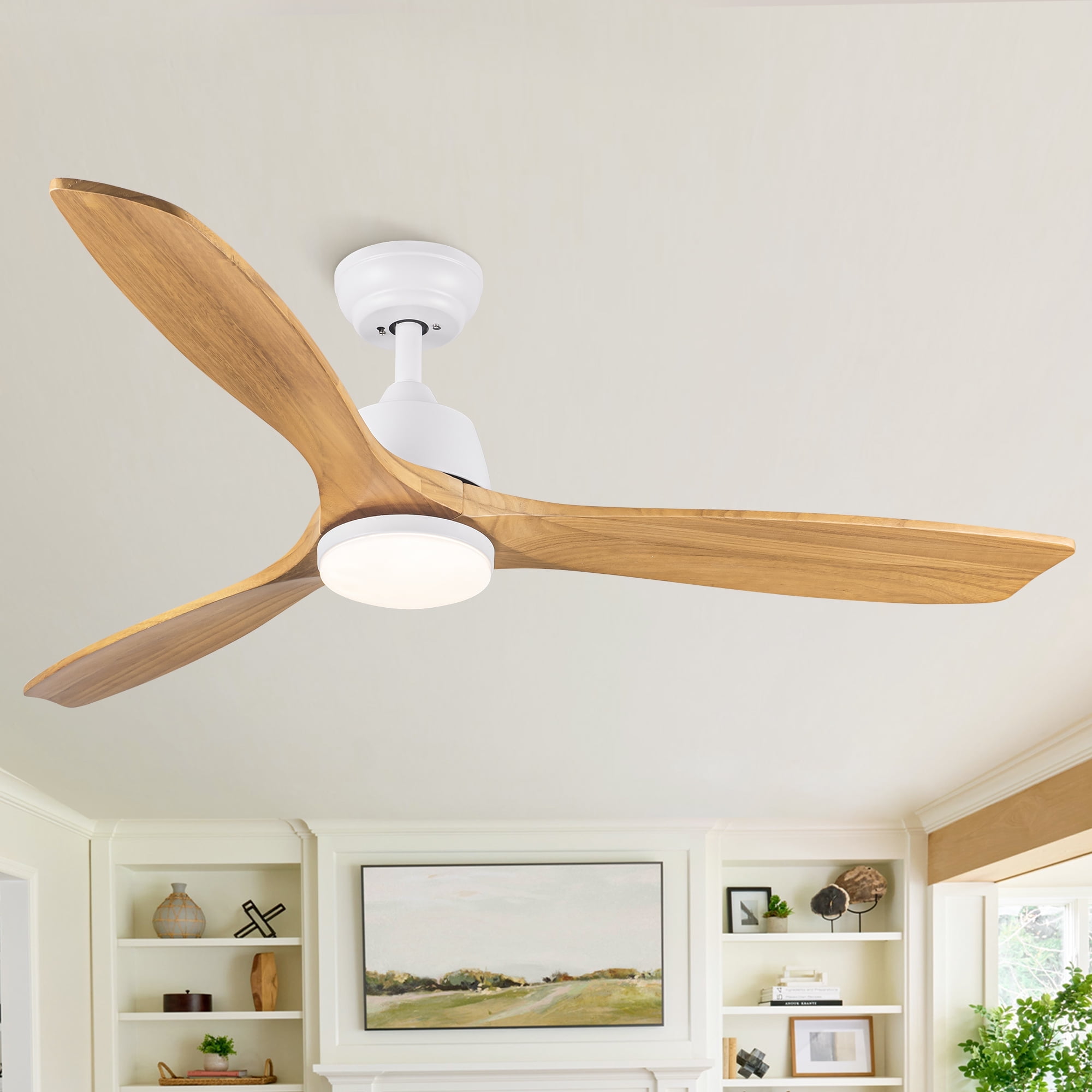 Wellspeed 52 in. Ceiling Fan with Light and Remote, Modern White Fanlight with Solid Wood Blades, for Indoor Outdoor Bedroom Living Room, Dimmable 3 Color Temperature, Memory Function, Quiet Motor