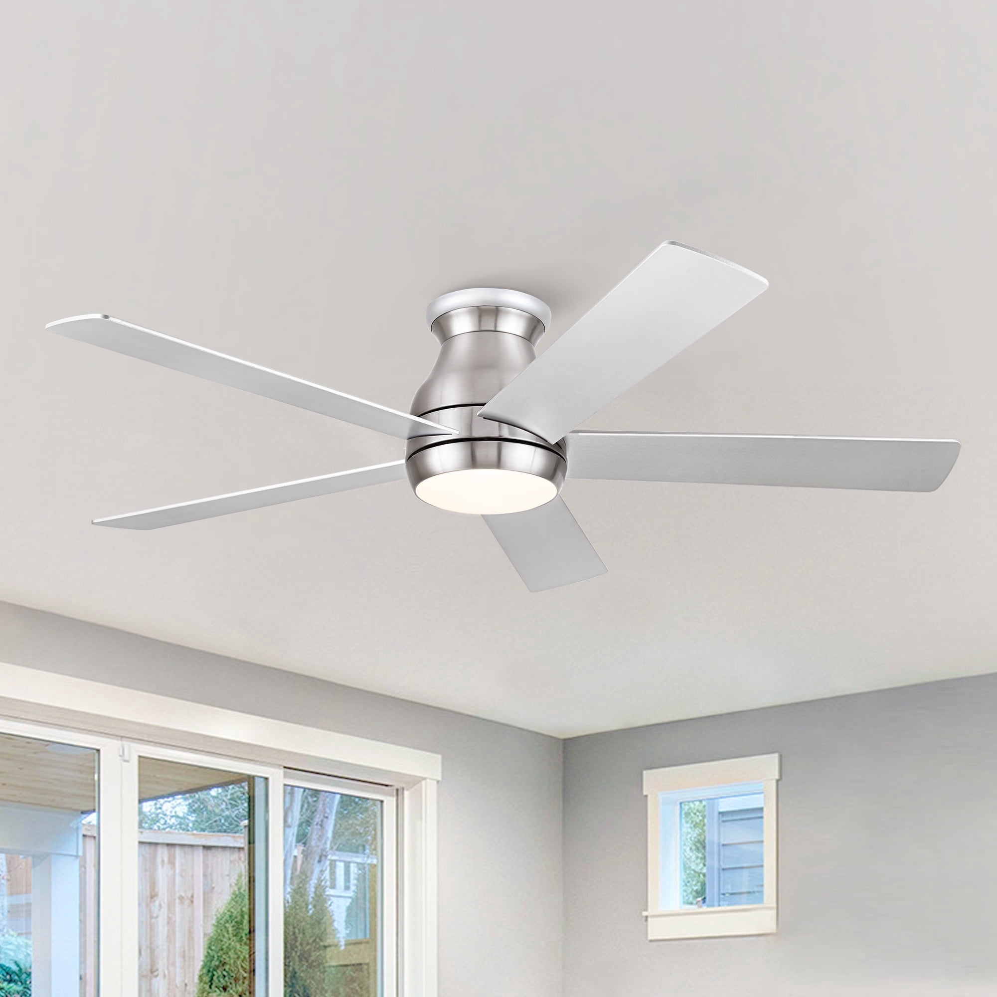 Wellspeed 52 in. Indoor Integrated LED Brushed Nickel Low Profile Ceiling Fan with 5 Plywood Blades
