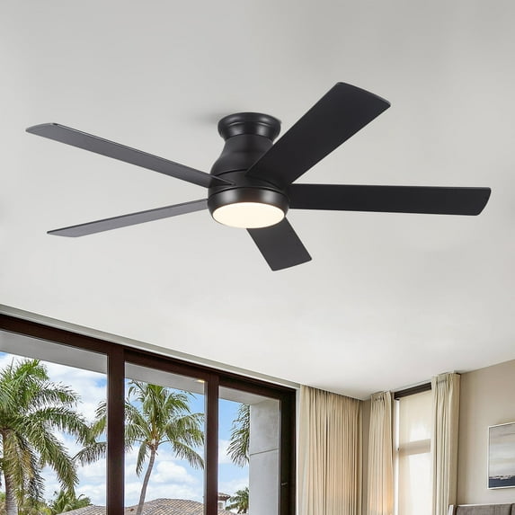 Wellspeed 52 in. Indoor Integrated LED Matte Black Low Profile Ceiling Fan with 5 Plywood Blades