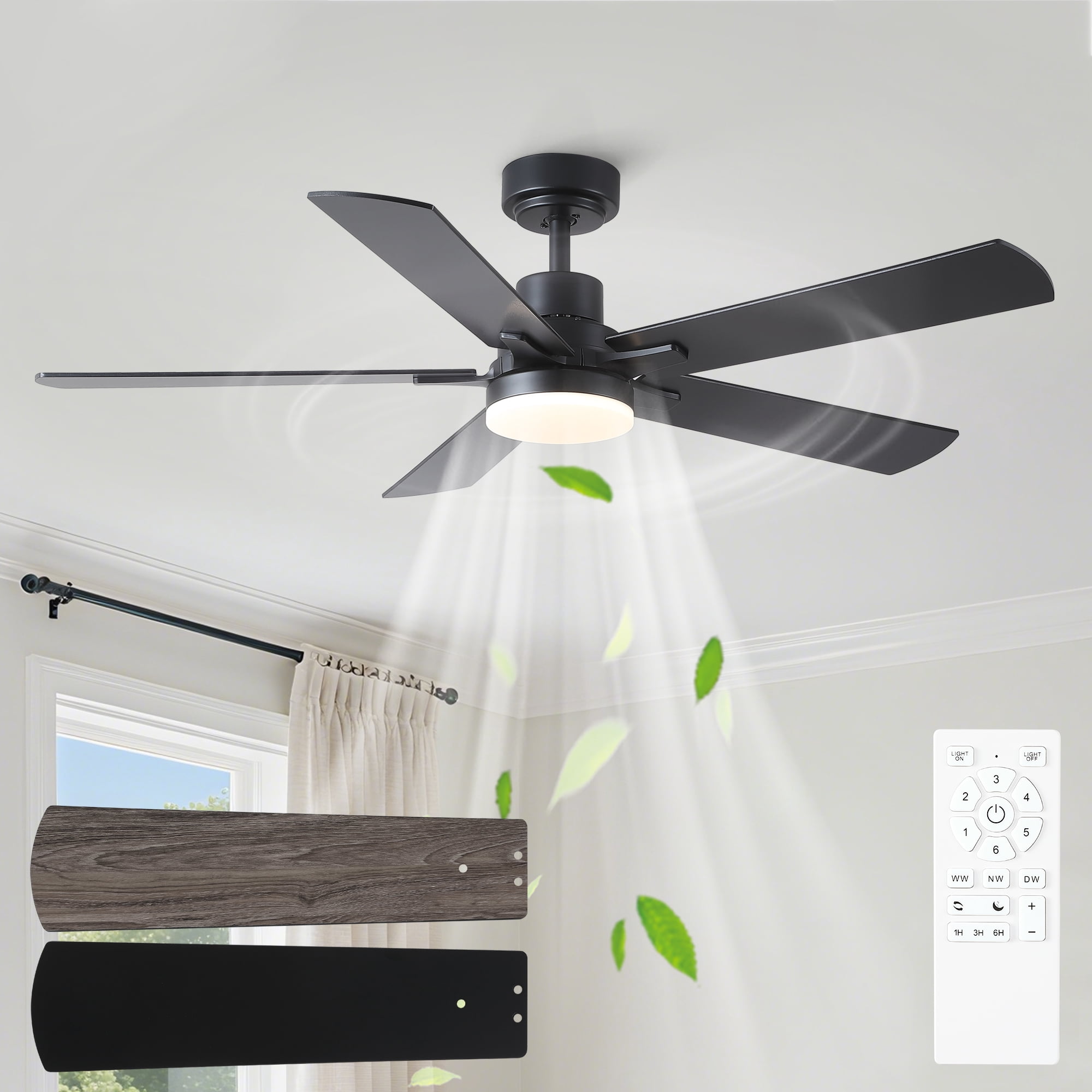 Wellspeed 52 in. Modern Ceiling Fan with Dimmable Light, for Indoor, Remote Control, 6 Speeds Reversible DC Motor, Black