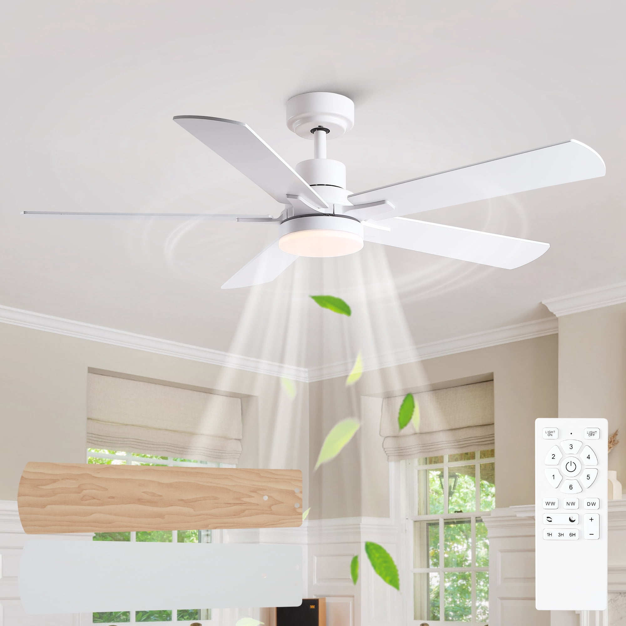 Wellspeed 52 in. Modern Ceiling Fan with Dimmable Light, for Indoor, Remote Control, 6 Speeds Reversible DC Motor, White