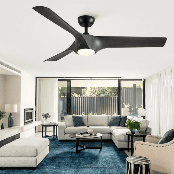 Wellspeed 56 in Ceiling Fan with LED Light ,Black Industrial Semi Flush Mount Light,Remote&Wall Control, 3 Blades and Reverse Airflow, 6-Speed Quiet DC Motor for Dining Room,Kitchen,Porch.