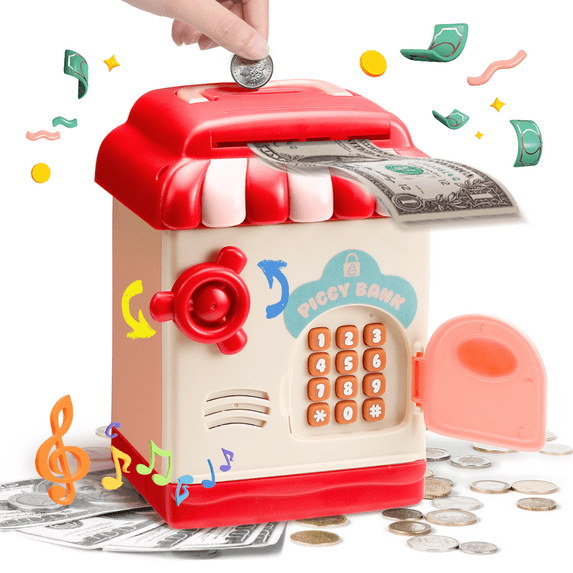 Welltop Electronic Piggy Bank, Mini ATM Password Money Bank Cash Coins Saving Box for Kids, Cartoon Safe Bank Box Perfect Toy - Red