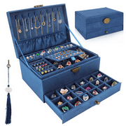Welltop Jewelry Box Organizer for Women Girls, 3-Layer Jewelry Organizer with Lock and Drawer, Portable Jewellery Holder for Earring Rings Necklaces Bracelets Sunglasses Navy