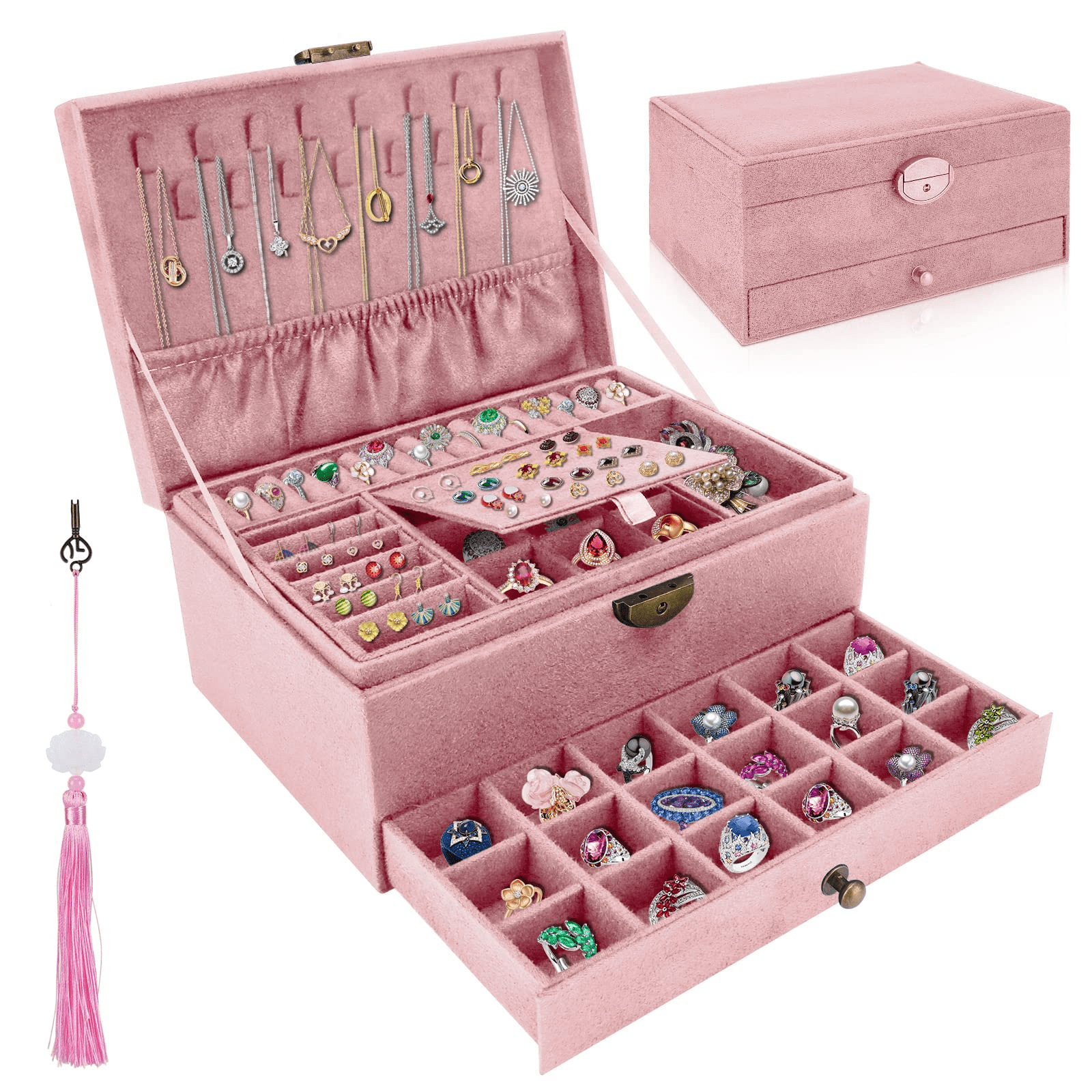 ProttyLife Jewelry Organizer Box for Women Girls, Jewelry Box 3-Tier Jewelry Display Case and Organizer,Lockable Jewelry Display Case Anti Tarnish