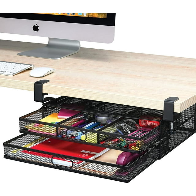 Welltop Mesh Metal Under Desk Drawer with 2 Slide Out Drawers, Clampon Under Table Drawer