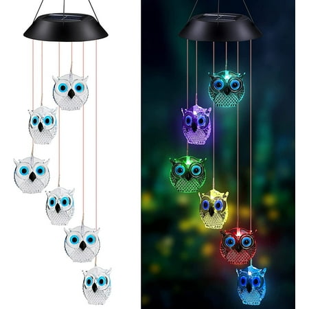 Welltop Solar Wind Chimes, Owl LED Solar Powered Wind Chimes Lamp Color Changing Waterproof Garden Chimes with Hook for Outdoor Indoor Patio Yard