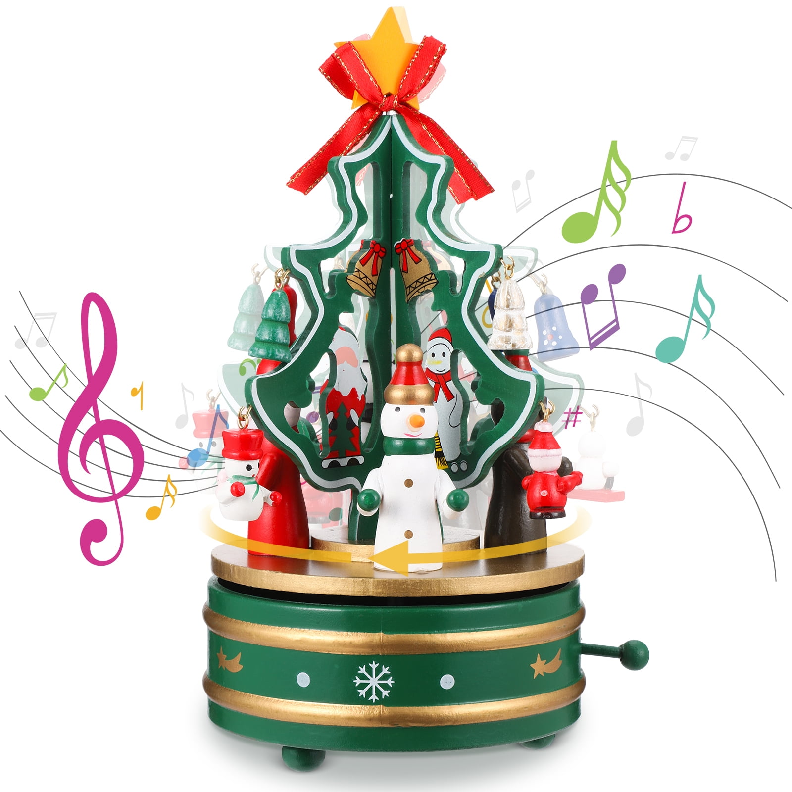 Welltop Wooden Rotating Christmas Tree Music Box, DIY Xmas Music Case