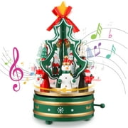 Welltop Wooden Rotating Christmas Tree Music Box, DIY Xmas Music Case Ornaments Gifts for Children Friends, Green