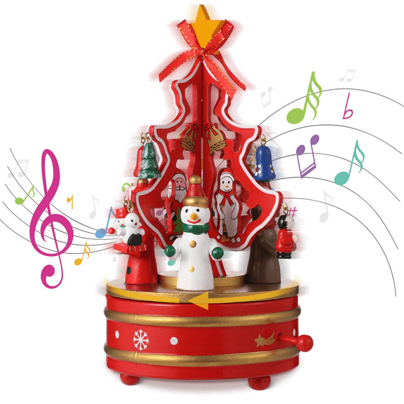 Welltop Wooden Rotating Christmas Tree Music Box, DIY Xmas Music Case Ornaments Gifts for Children Friends, Red