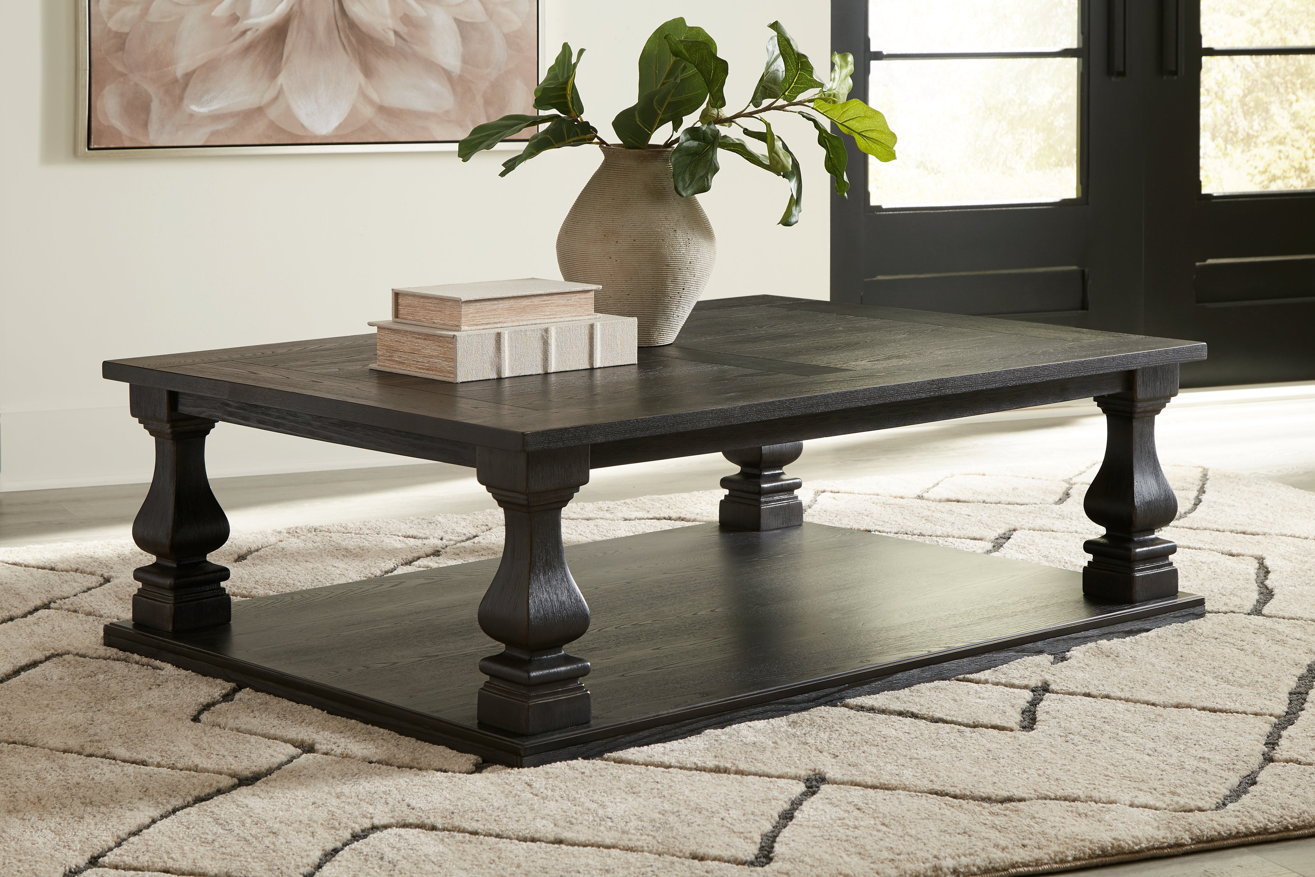 Wellturn Black Rectangular Wood Coffee Table with Shelf