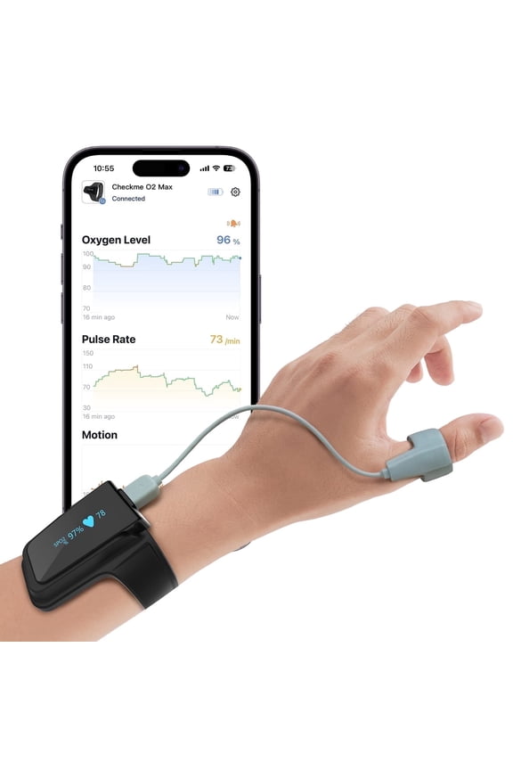 CheckmeO2Max Finger Pulse Oximeter - Rechargeable Sports O2 Monitor w/ Android/iOS App, 24/7 Heart Rate Tracking, Fitness Wearable