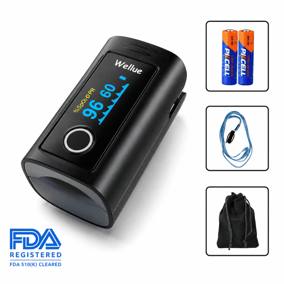 Wellue PC60F Finger Pulse Oximeter - SpO2 & Heart Rate Tracker with OLED Display, Portable Case & Lanyard - Black (1 Pack)