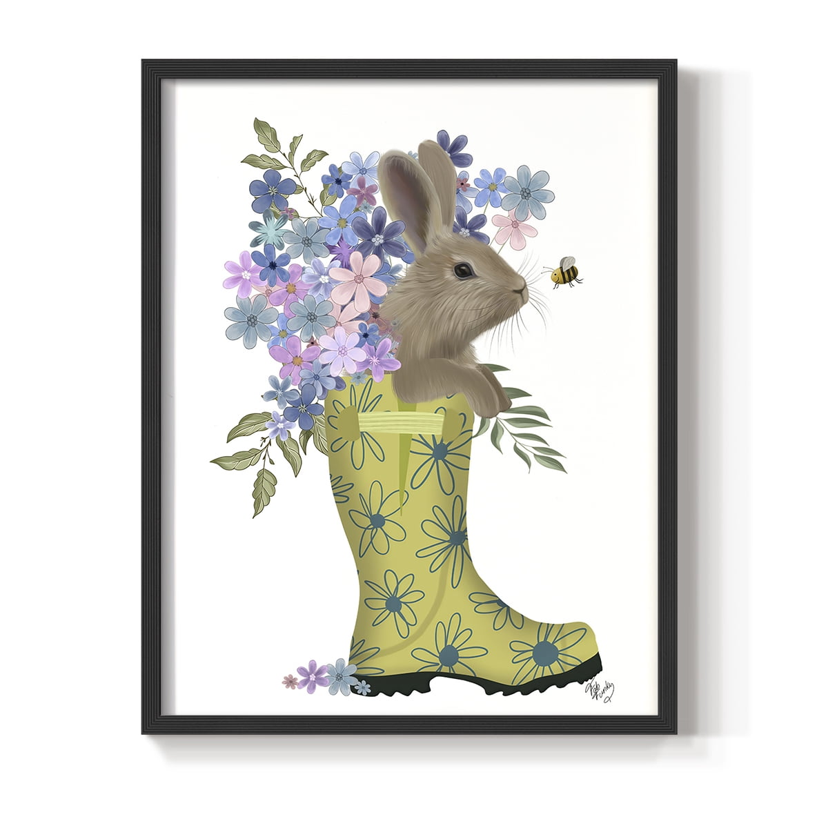 Welly Bunny And Bee Framed Print in Black Solid Wood 11 x 14 Framed Print
