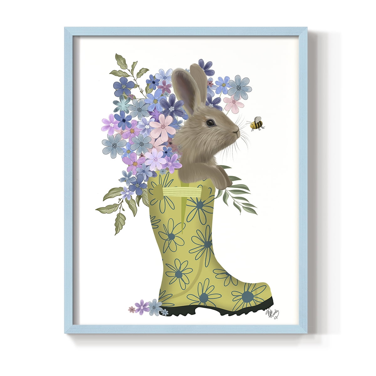 Welly Bunny And Bee Framed Print in Blue Solid Wood 8 x 10 Framed Print