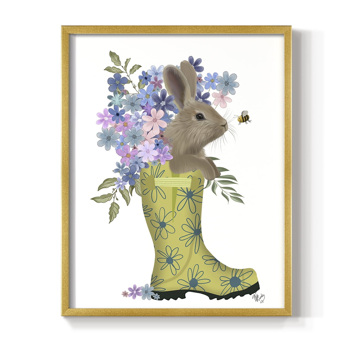 Welly Bunny And Bee Framed Print in Gold Solid Wood 8 x 10 Framed Print