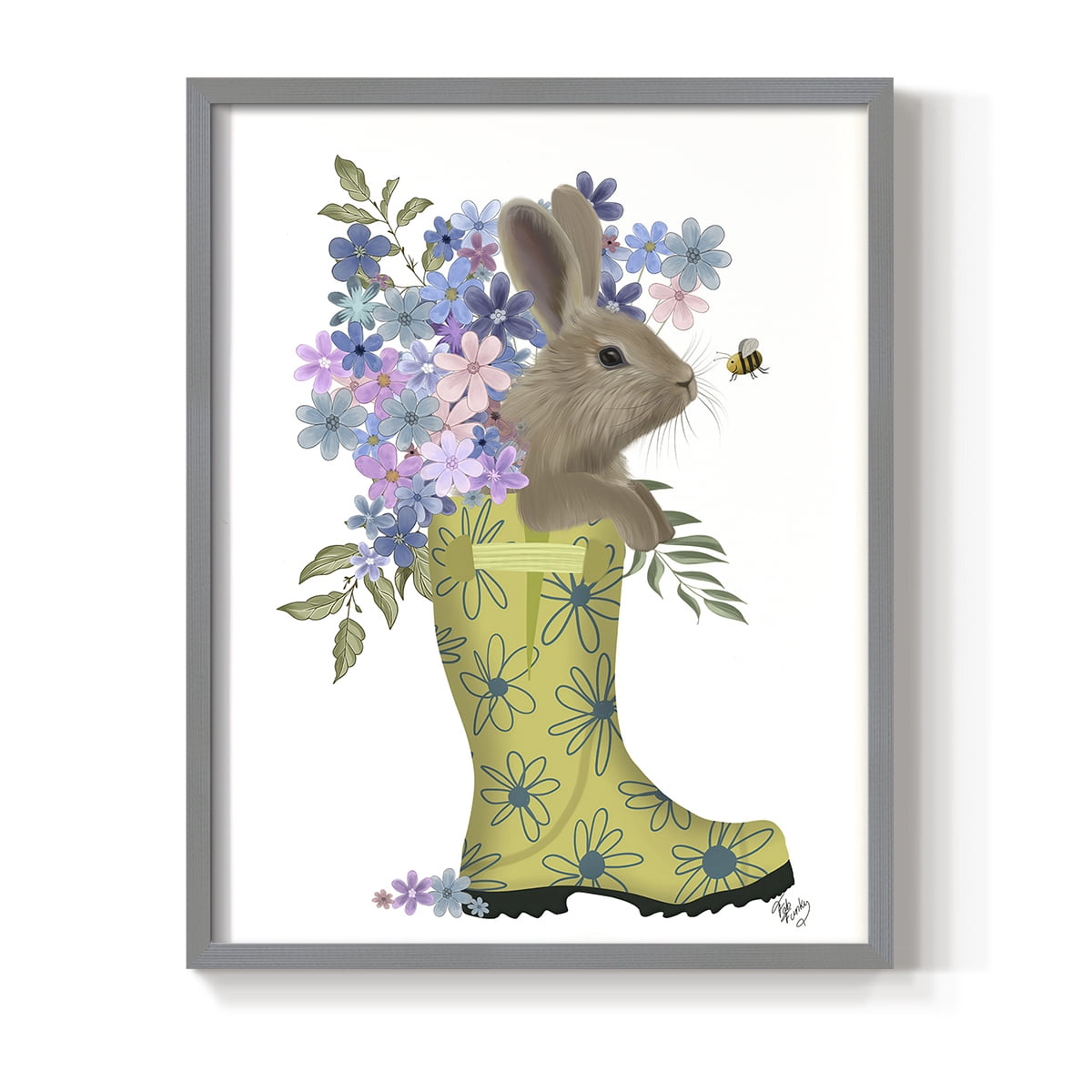Welly Bunny And Bee Framed Print in Gray Solid Wood 22 x 28 Framed Print