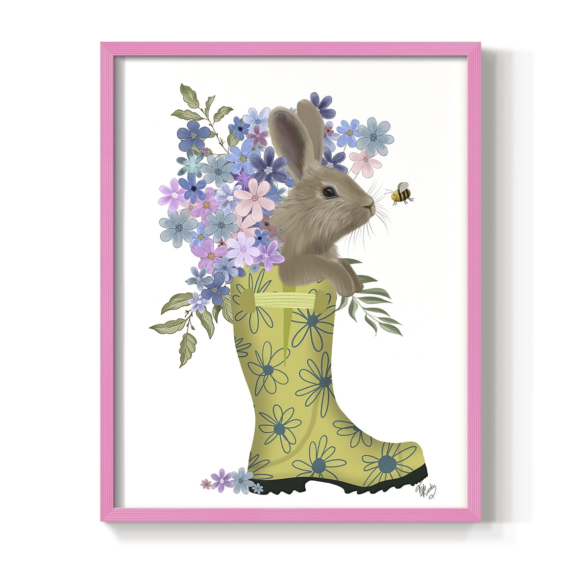 Welly Bunny And Bee Framed Print in Pink Solid Wood 11 x 14 Framed Print