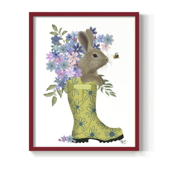 Welly Bunny And Bee Framed Print in Red Solid Wood 11 x 14 Framed Print