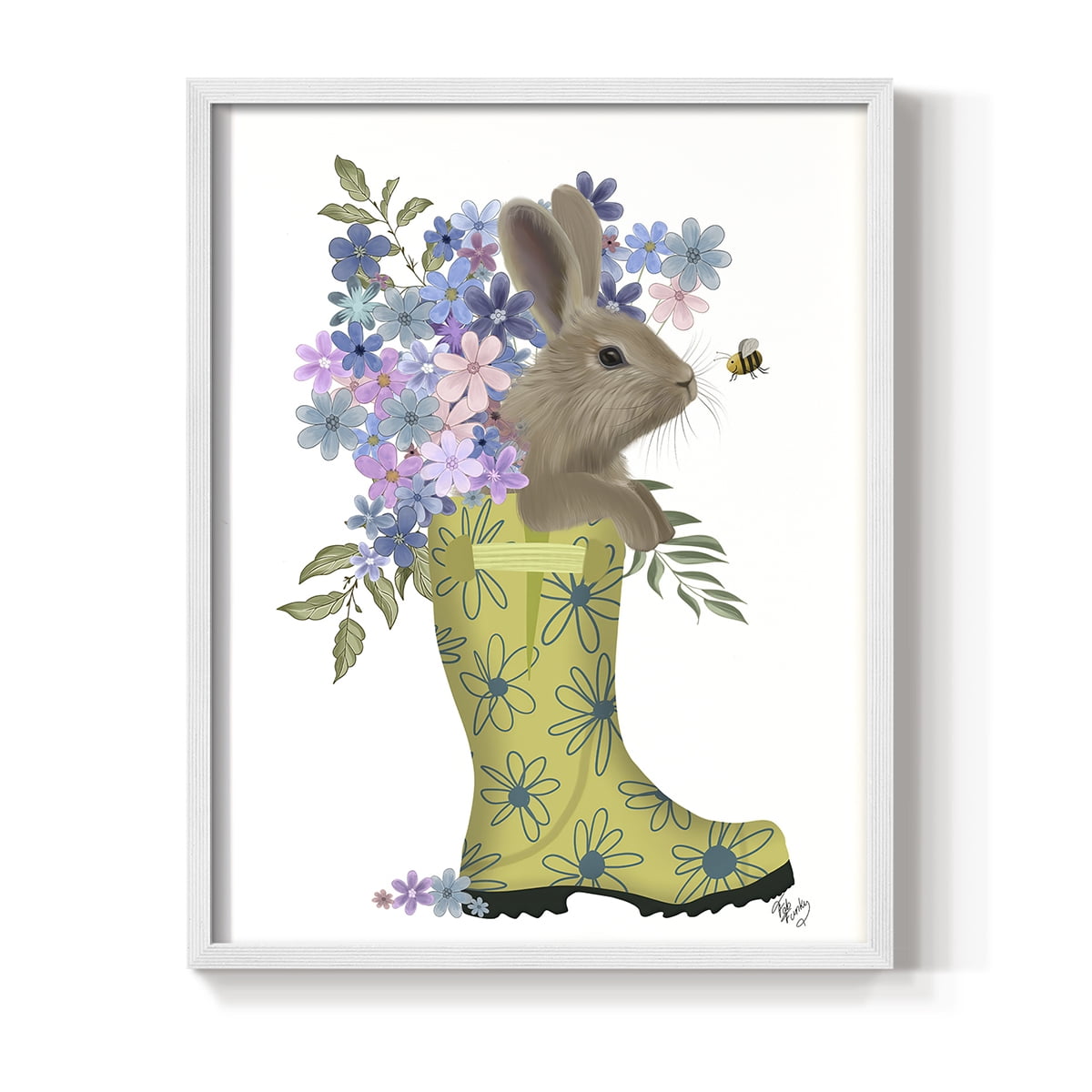 Welly Bunny And Bee Framed Print in White Solid Wood 8 x 10 Framed Print