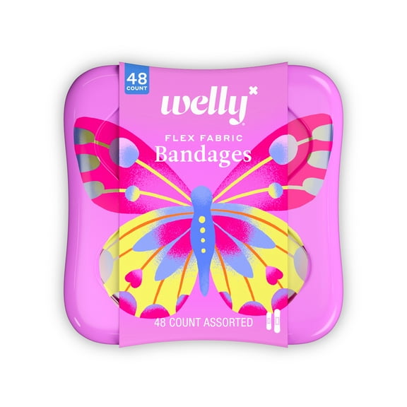 Welly Flex Fabric Bandages, Butterfly Pattern Bravery Badges for Kids, Assorted Sizes, 48 Count