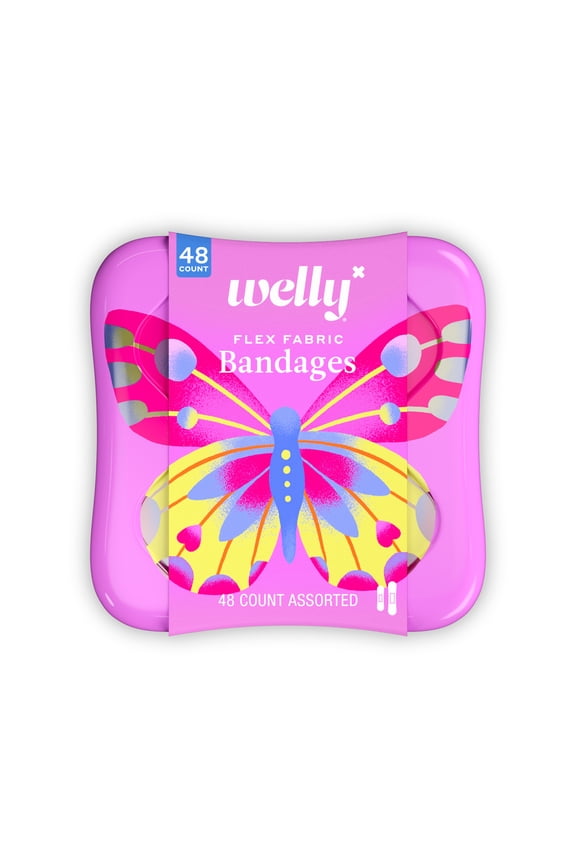 Flex Fabric Bandages, Butterfly Pattern Bravery Badges for Kids, Assorted Sizes, 48 Count