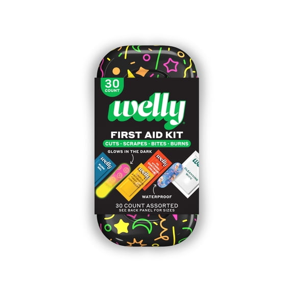 Welly First Aid Kit, Glow Party, Glow in the Dark Flex Fabric Bandages and Ointments, 30 Count