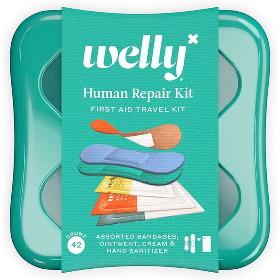 Welly Human Repair Kit - Adhesive Flexible Fabric Bandages, Singe Use Ointments Triple Antibiotic, Hand Sanitizer, and Hydrocortisone - 42 Count