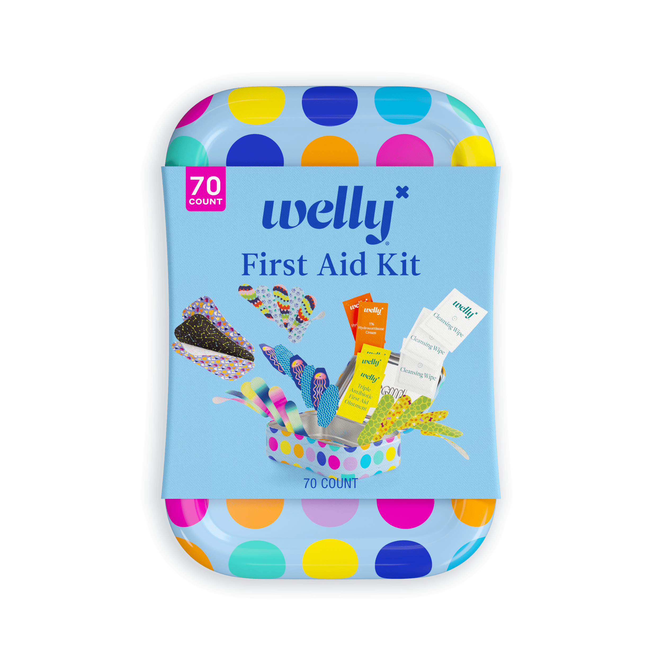 Welly Kids First Aid Kit with Bandages and Ointments, Polka Dot, Assorted Colors and Sizes, 70 Count