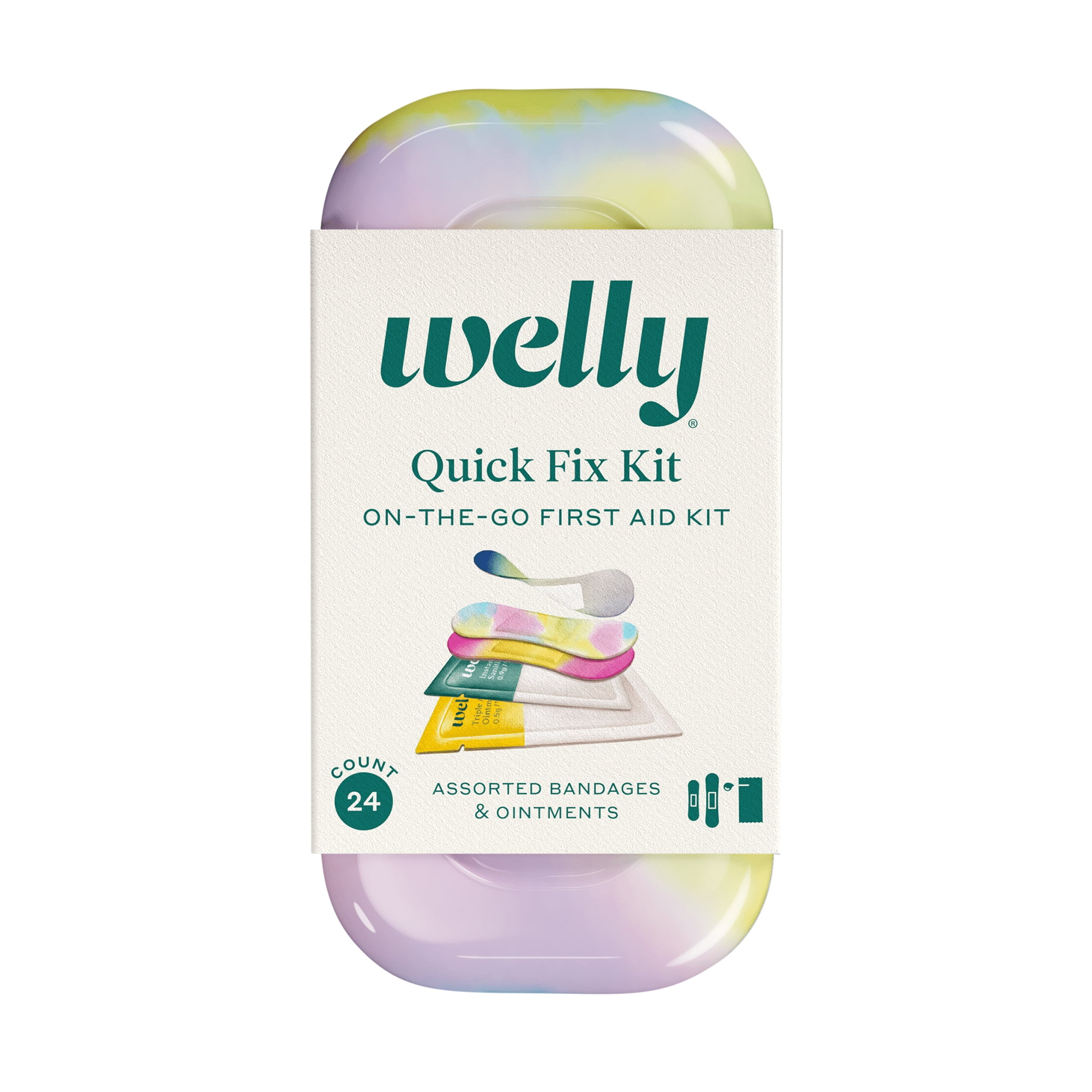 Welly Quick Fix Kit, Travel First Aid Kit with Bandages & Ointments, Colorwash, 24 Ct