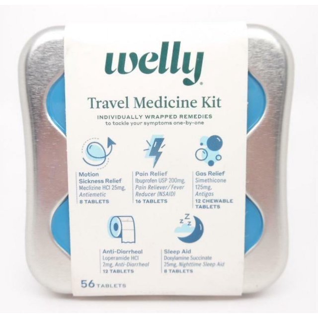Welly Travel Medicine Kit Motion Sickness, Pain Relief, AntiDiarrheal, Etc 56ct