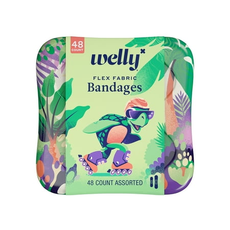 Welly Flex Fabric Bandages, Turtle Pattern Bravery Badges for Kids, Assorted Sizes, 48 Count