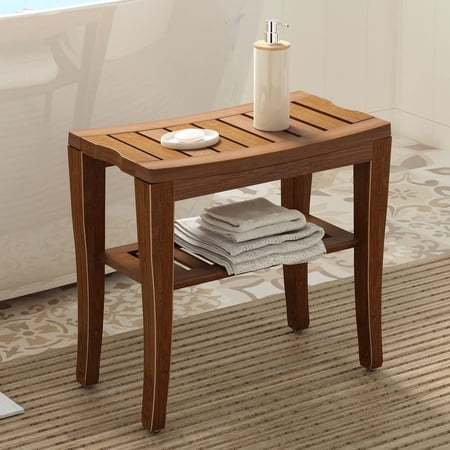 Wellynap 18.5" Bamboo Shower Bench, Bathroom Stool with Storage Shelf - Walnut