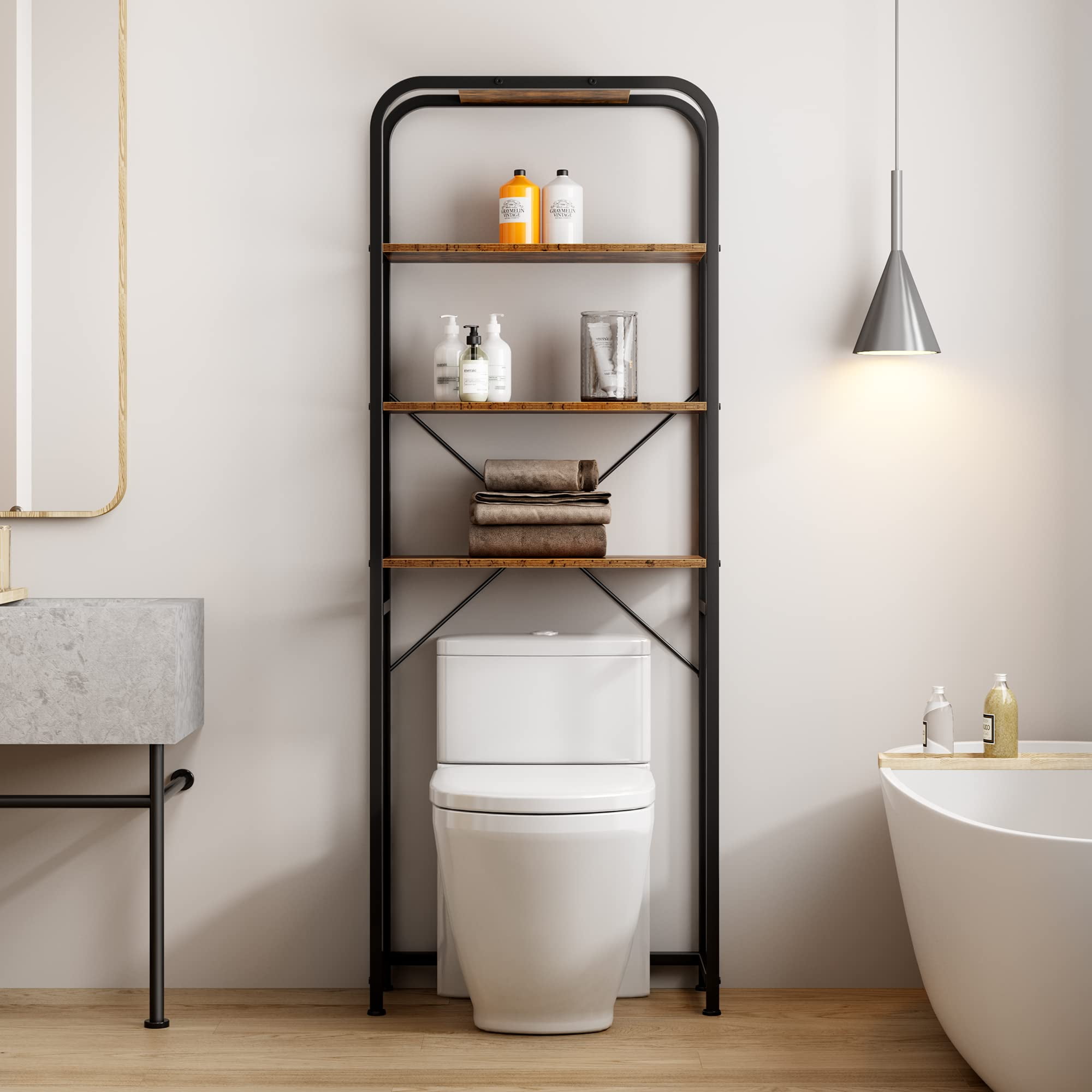 Vintage Brown 4-Tier Over-the-Toilet Storage Rack with Metal Frame