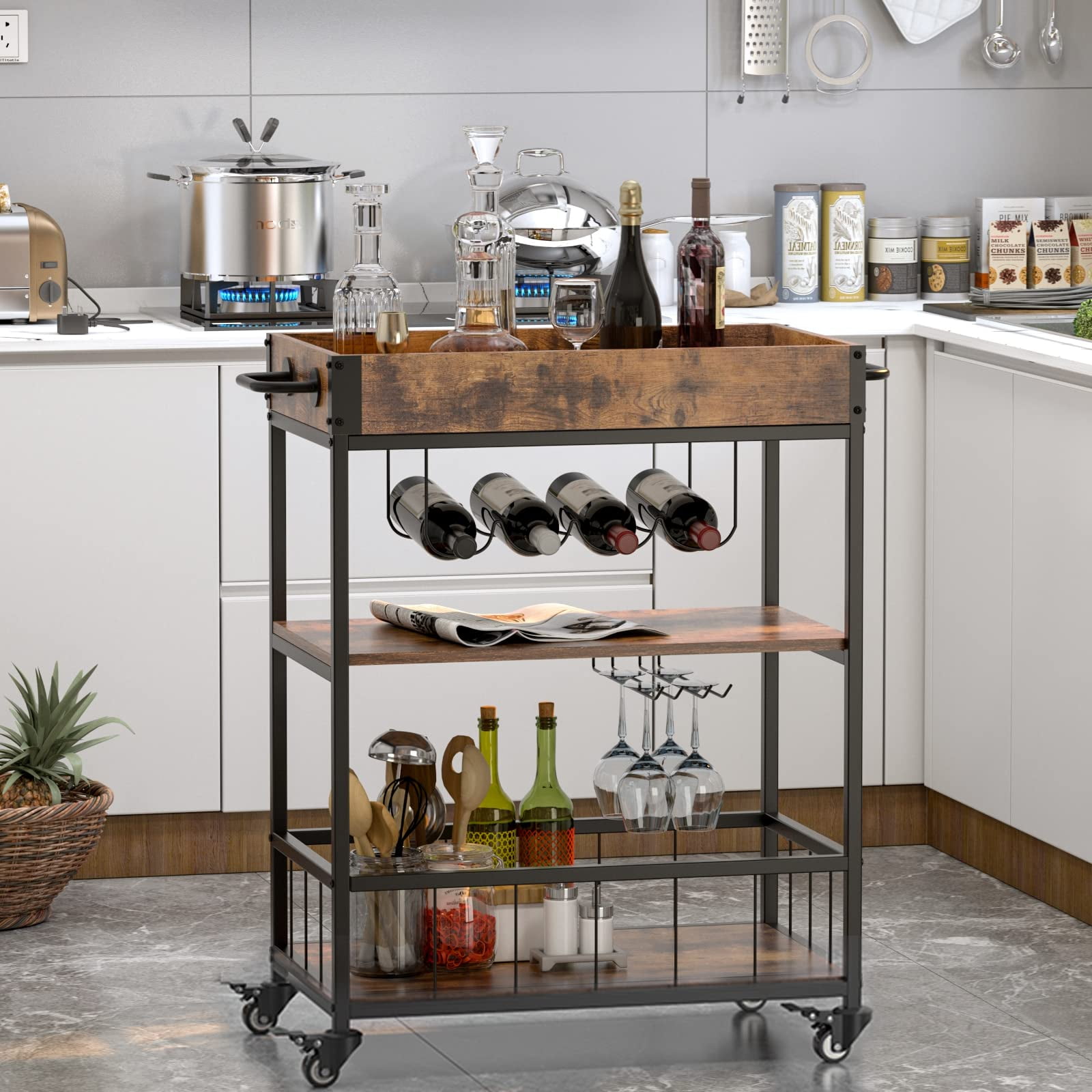 Wellynap 27.5"L Kitchen Bar Cart with Wheels, Rolling Cart with Wine
